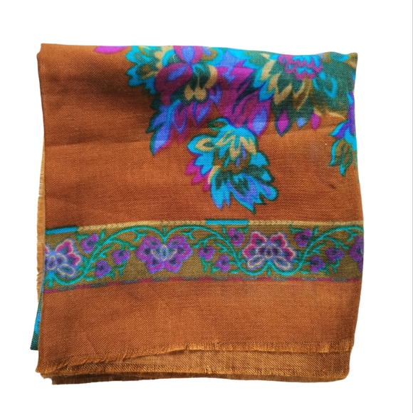 Challis by Berkshire vintage brown bright blue lavender floral scarf acrylic - Picture 4 of 7